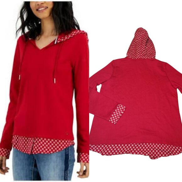 New Tommy Hilfiger Faux Layered hoodie Top blouse Shirt . Red Large - Picture 1 of 16